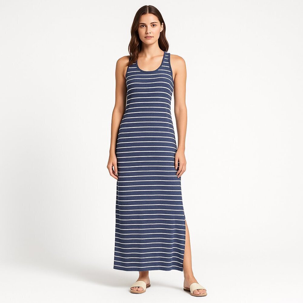 STS Sail To Sable Striped Racerback Maxi Dress Cotton Blend Medium Navy White